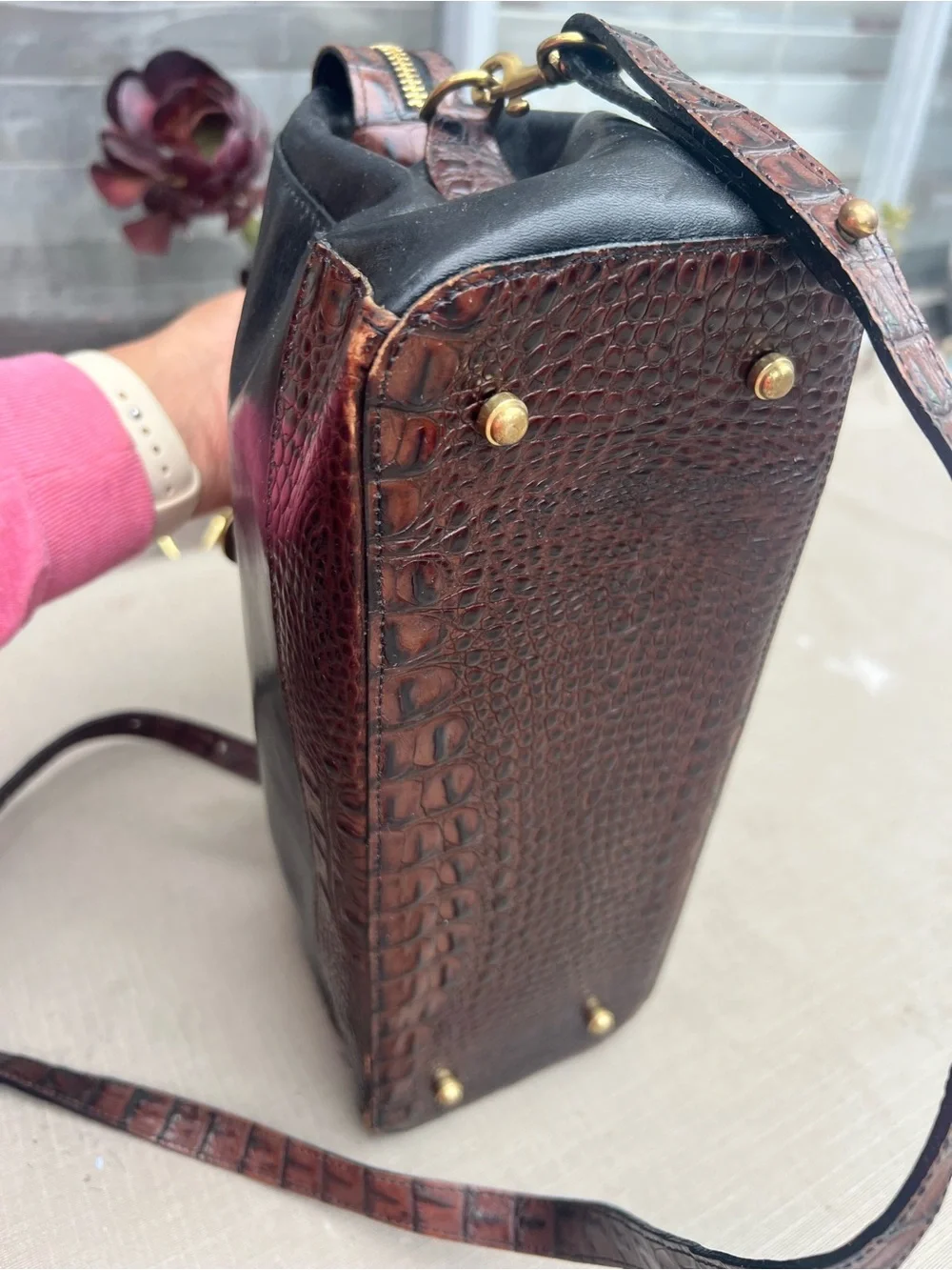 Brahmin Black Leather Satchel with Brown Croc-Embossed Trim